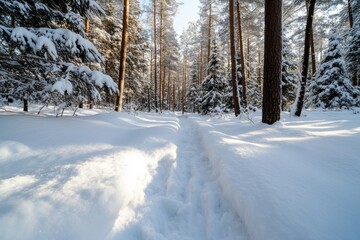 Fototapeta premium The enchanting view of a winding snowy trail through a serene forest of pines, illuminated by the gentle glow of sunlight, capturing the essence of winter beauty.
