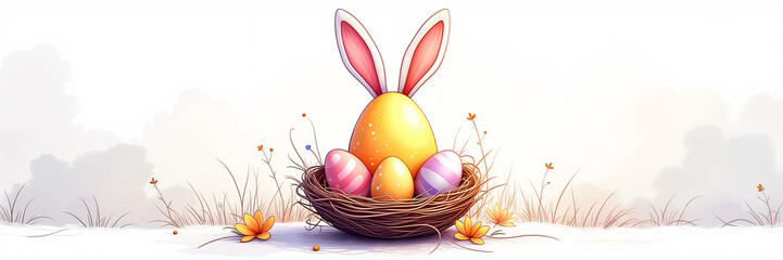 A whimsical Easter scene with a nest holding colorful eggs, one with bunny ears, surrounded by flowers and grass, evoking the joy of Easter.
