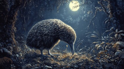 Obraz premium Kiwi bird foraging under the moonlight in a lush forest