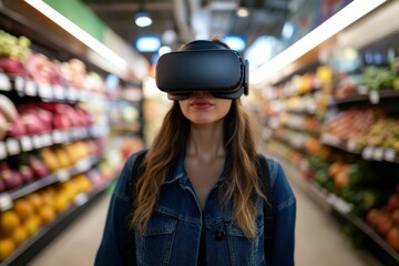 Woman wearing virtual reality headset in a grocery store aisle exploring digital shopping experiences