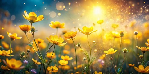 Spring Awakening: Delicate Yellow Flowers Blooming in Surreal Landscape