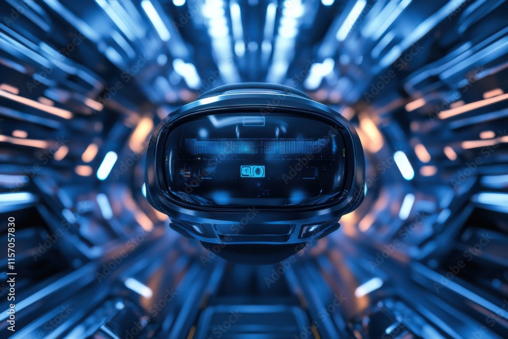 Poster exploring futuristic technology with a sleek robotic face in a high-tech corridor