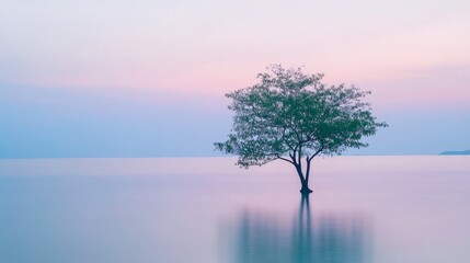 Tranquil view of a lone tree by water.