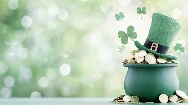 Black pot full of gold coins, leprechaun hat and shamrock leaves on magic forest for st. patrick's day holiday. Fantasy fairy tail background. Symbol of luck.