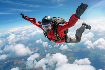 Parachutist with parachute makes heavenly adventure against on nature landscape, abstract vivid composition consists of fictional unreal fantastic vision on background