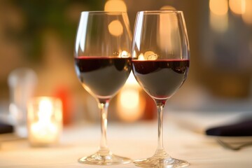Elegant red wine glasses set on a dining table during a romantic evening with soft lighting