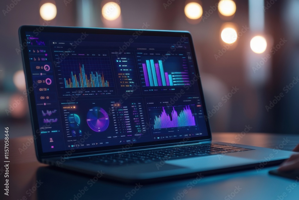 Poster Analyzing complex data visualizations on a laptop in a modern workspace during evening hours