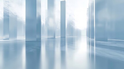 Abstract futuristic city landscape with tall, reflective pillars and a misty atmosphere.