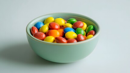 Colorful candy bowl kitchen table food photography bright indoor setting top-down view sweet treats