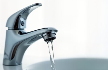 Closeup of chrome faucet with water running. Water flows smoothly from tap. White background. Interior shot. Water drops visible. Modern home bathroom kitchen. Efficient water use. Healthy lifestyle.