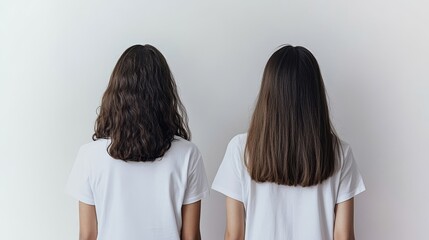 Fototapeta premium Two women with different hairstyles standing together.