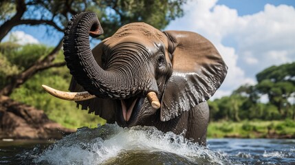 A playful elephant splashing in a river with its trunk raised, surrounded by lush greenery.