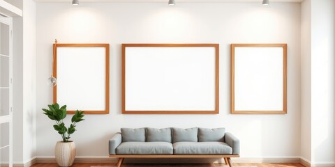 Fototapeta premium Modern minimalist living room interior design with three empty wooden frames above a light gray couch