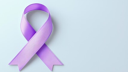 World Cancer Day minimalist banner design concept. Purple awareness ribbon on a light background, symbolizing support for various causes and movements.