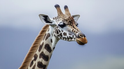 Obraz premium Closeup of a giraffe's head and neck, showcasing its distinctive spots against a cloudy sky.