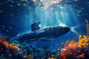Beautiful large bathyscaphe floating in middle of deep ocean during exploration, abstract vivid composition consists of fictional unreal fantastic vision on background