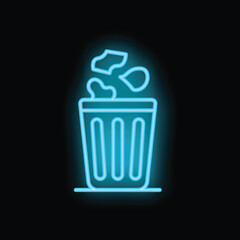 Blue neon trash can throwing garbage icon glowing on a black background