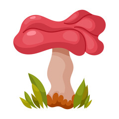 Russula emetica mushroom, red poisonous forest mushroom. Forest grass and leaves. Cartoon vector illustration on a white background.