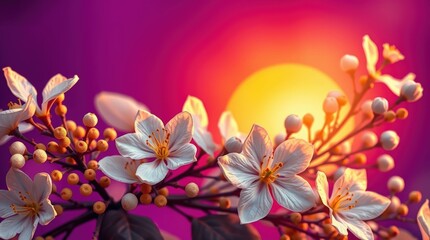 Beautiful White Flowers with Yellow Stamens at Sunset