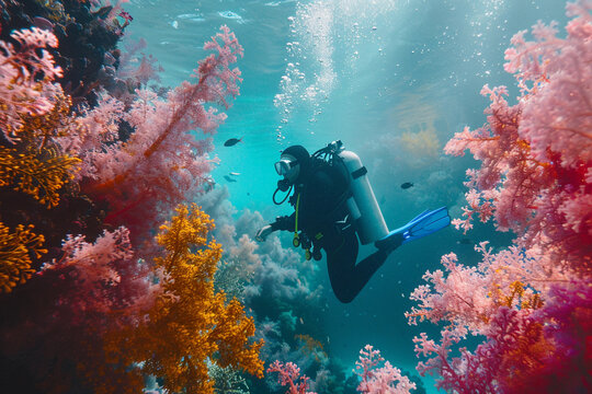 Beautiful diver goes on an underwater adventure in frighteningly deep blue sea, abstract vivid composition consists of fictional unreal fantastic vision on background