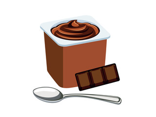 Chocolate yogurt in a plastic cup and spoon vector illustration. Chocolate yogurt plastic cup icon vector isolated on a white background. Yoghurt cocoa mousse and chocolate bar drawing