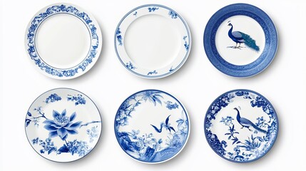 Porcelain plates decorated with a traditional blueandwhite Chinese design featuring floral ornaments and exotic peacocks Set of isolated vector objects