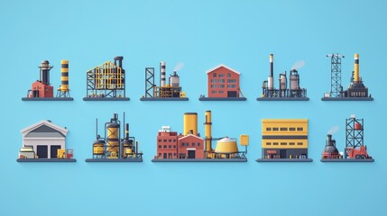 Naklejka premium Colorful and Detailed Illustration of Various Industrial Buildings in a Simplistic Style Against a Light Blue Background for Creative and Educational Use