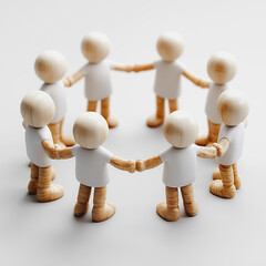 A group of wooden figures are holding hands in a circle