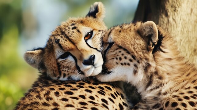 Two cheetahs share a tender moment, nuzzling affectionately under a tree in their natural habitat.