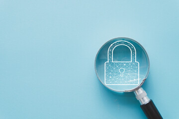 Cyber security graphic under magnifying glass.,Cyber security,online privacy for digital defense,data protection, network safety.