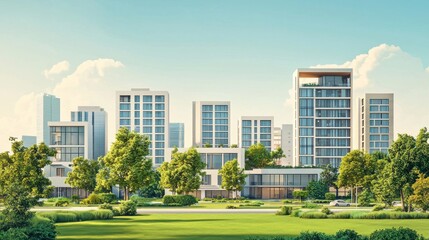 Modern Urban Landscape with Stylish Residential Buildings Surrounded by Lush Greenery and Clear Blue Skies in a Vibrant City Environment