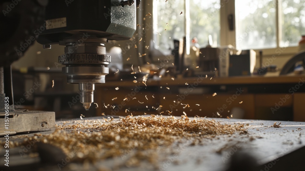 Poster precision woodworking machine creating shavings in workshop