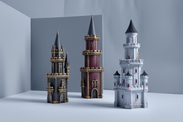 Three miniature castle towers, dark, burgundy, and white, stand on a gray surface.