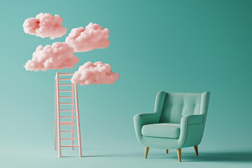 A ladder leading to pink clouds symbolizes growth, future, and development in a minimal green composition.