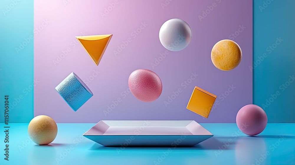 Poster a colorful arrangement of geometric shapes floating above a plate against a gradient background.