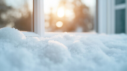 Snow frozen window closeup