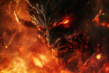 Scary sinister devil is in hell with dramatic bright fire lighting, abstract vivid composition consists of fictional unreal fantastic vision on background