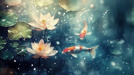 Serene Koi Fish Swimming Among Lush Water Lilies in Tranquil Pond