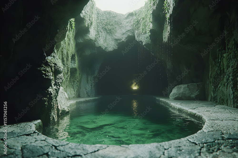 Poster serene subterranean pool nestled within a mystical cave, illuminated by a soft light at the far end.