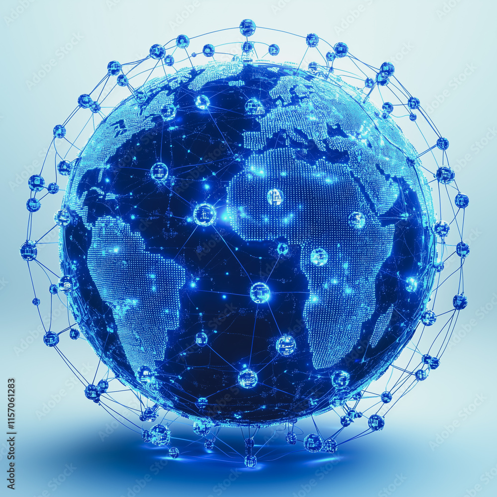 Aufkleber a blue globe with a network of lines and dots surrounding it