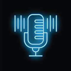 Blue neon sign of a classic microphone recording audio waves, shining on a dark background