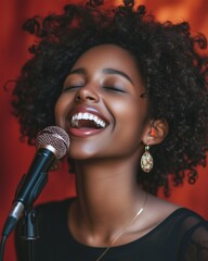 Happy young black woman singing into a microphone while smiling , empty white background
