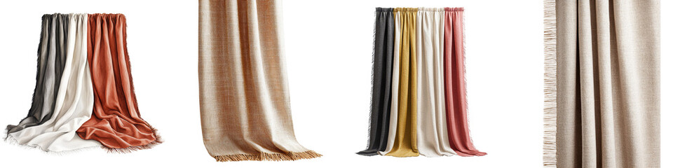 Assortment of elegant fabric curtains in different colors textures and materials such as silk satin and velvet hanging in a bedroom living room or office setting