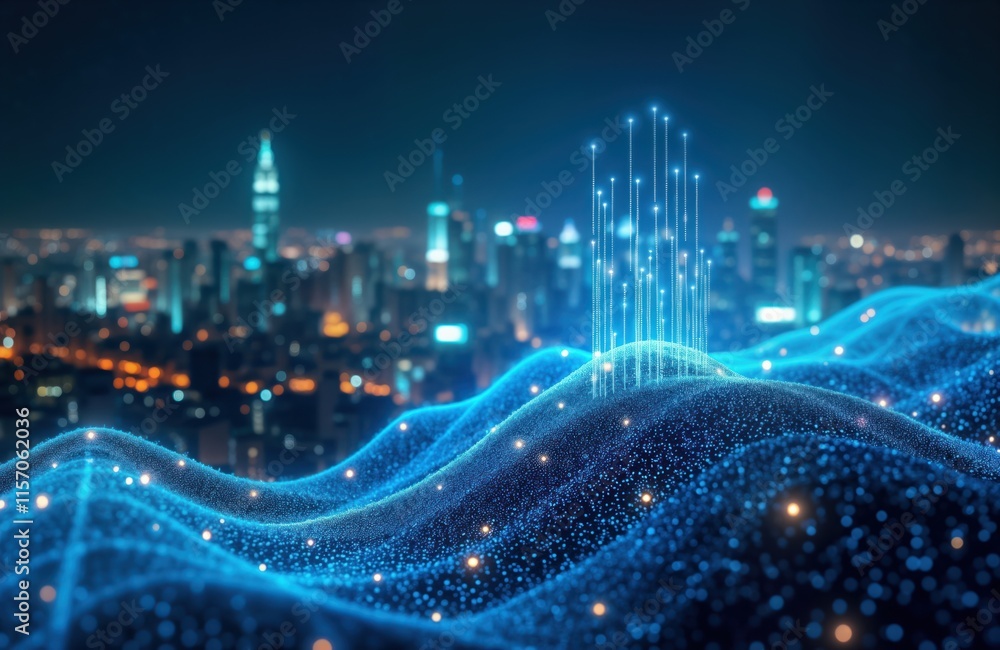 Poster Digital network flow over night cityscape. Abstract blue wavy lines connecting points, antennas display big data connection tech in modern city. City lights blurred background future smart city