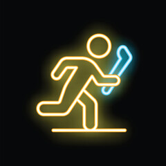 Simple luminous neon style icon of a hockey player running with a stick, on a black background