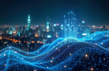 Digital network flow over night cityscape. Abstract blue wavy lines connecting points, antennas display big data connection tech in modern city. City lights blurred background future smart city