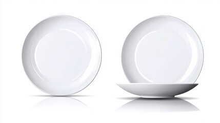 Vector 3D realistic white porcelain or ceramic plate with reflections Design template mockup in front top and side views isolated on a white background