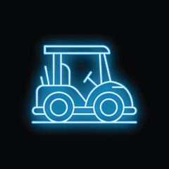 Blue neon sign depicting a golf cart on a black background, ideal for conveying concepts related to leisure, sports, and transportation