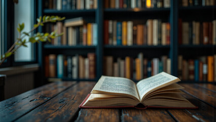 Fototapeta premium immersing in the ocean of knowledge: an open book on a table with a desk lamp and bookshelf, exploring new possibilities and accumulating wisdom through reading