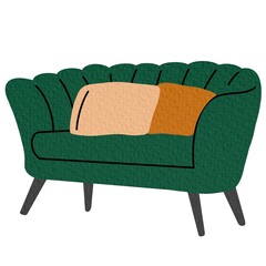 Doodle modern furniture. Comfortable sofa couch mid century contemporary style, vector room decoration interior design on white background.